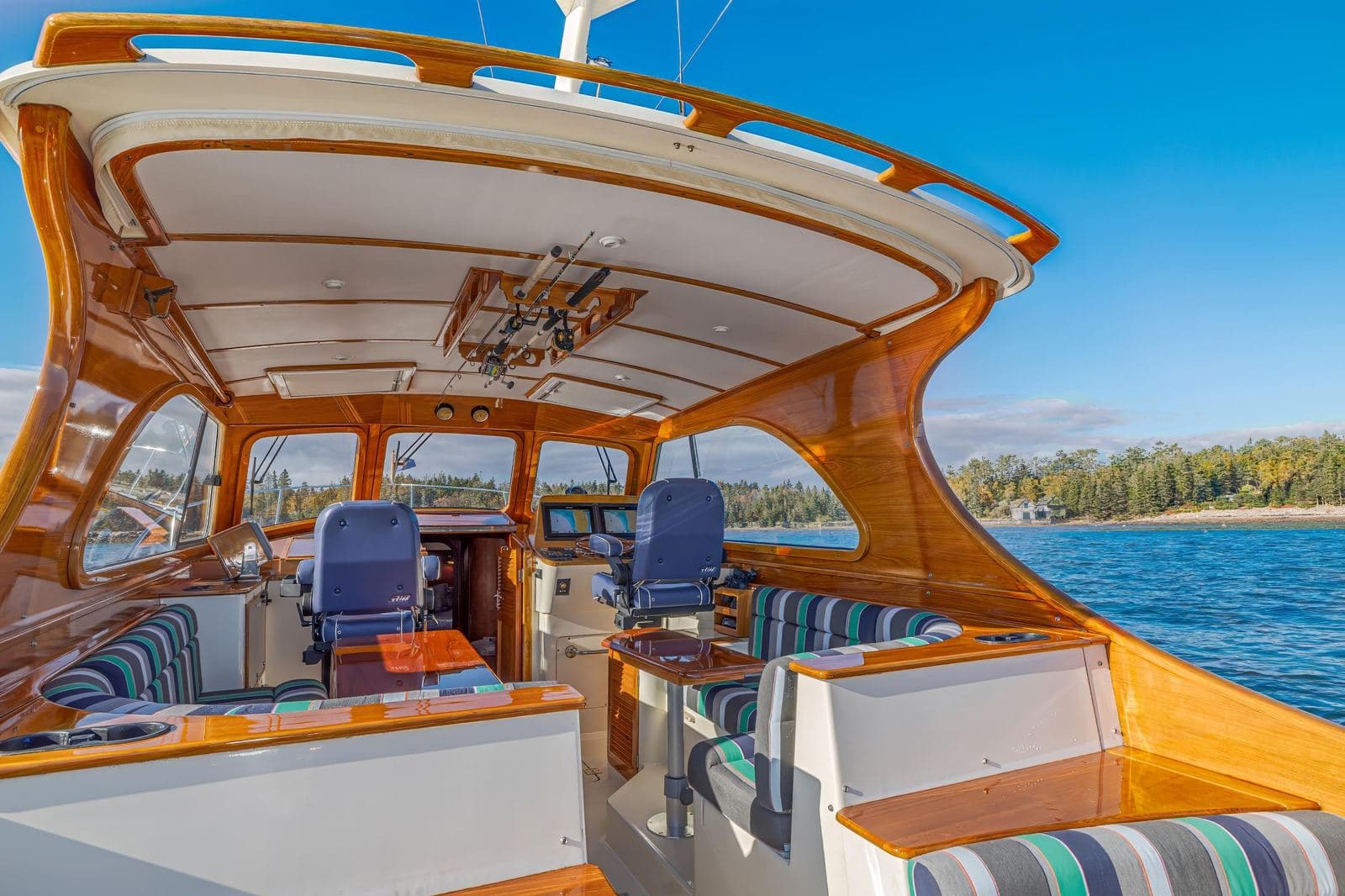Hinckley teak cockpit and brightwork looking forward to the helm